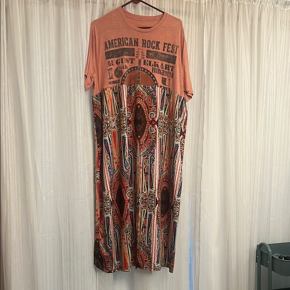 Boho Maxi Dress with Graphic Tee Bodice - Coral Multi